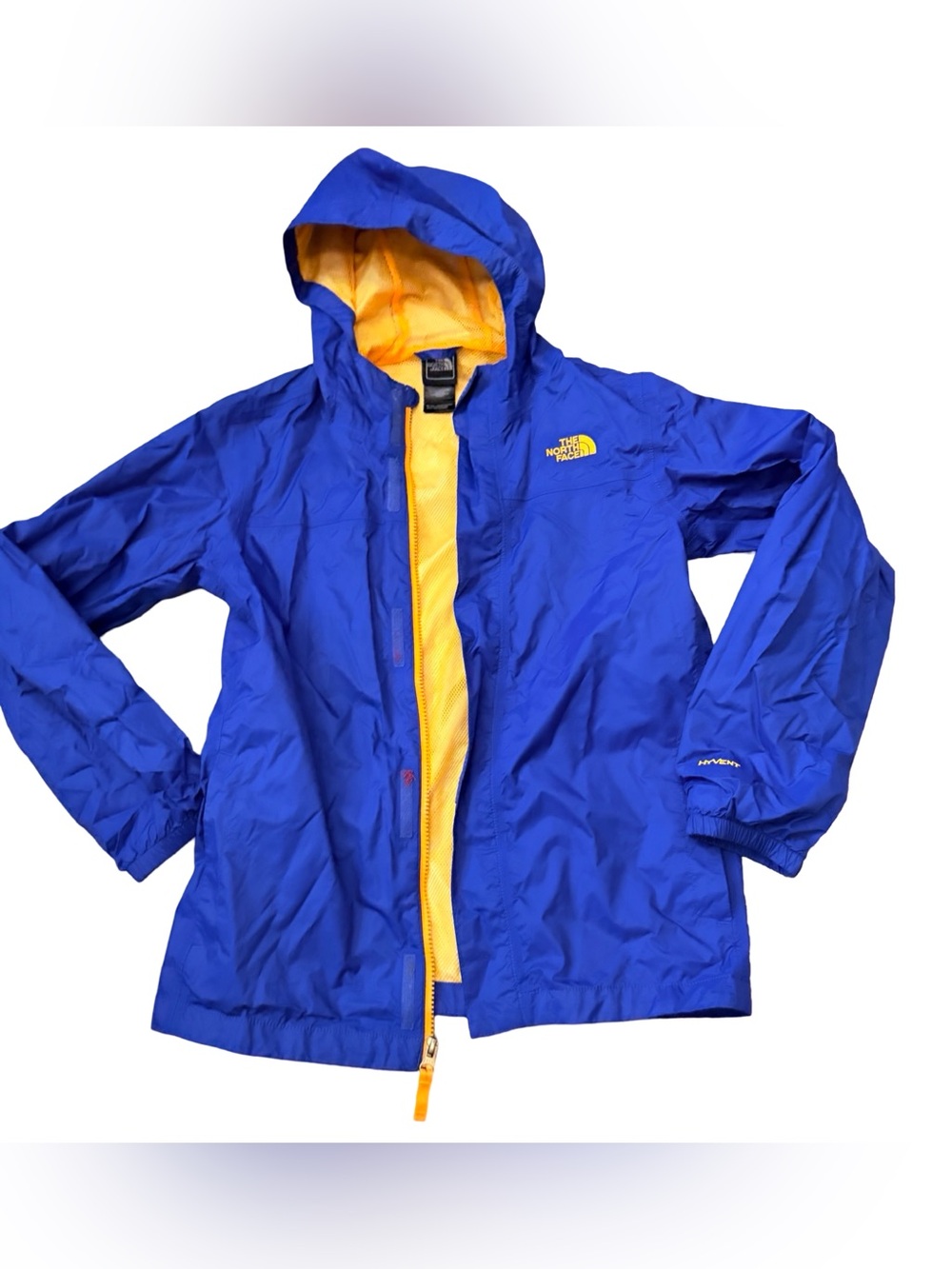 The North Face HyVent Rain Jacket Boys Large 14-16 Blue Orange Hood
